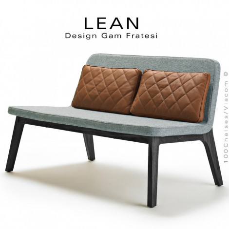 Banquette design LEAN, pour salon lounge et maison, piétement chêne massif huilé ou teinté noir, assise tissu avec 2 coussins.|Banquettes / Bancs / Poufs|100chaises
