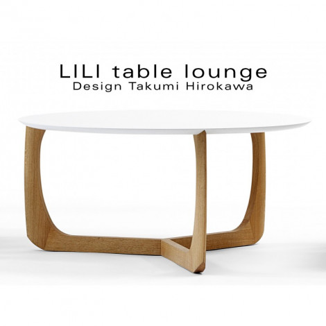 Table basse ronde lounge LILI, piétement bois massif de chêne huilé, plateau stratifié noir ou blanc, chant incliné.|Table|100chaises Table basse ronde lounge LILI, piétement bois massif de chêne huilé, plateau stratifié noir ou blanc, chant incliné.|Table|100chaises