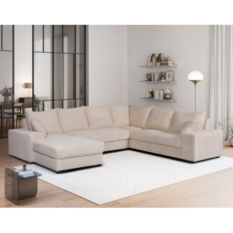 Lorie - Canapé panoramique d'angle droit 7 places convertible en velours côtelé grosse côte avec coffre|Canape|BestMobilier