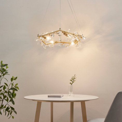 Suspension feuillage cristal et métal couleur laiton dimmable - Solarana|Lustre|Kosilum