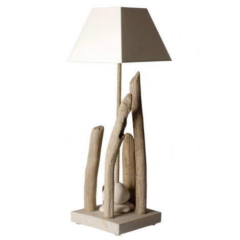 Grande lampe à poser bois flotté et galets abat jour blanc|Lampes à poser|Lampe Avenue