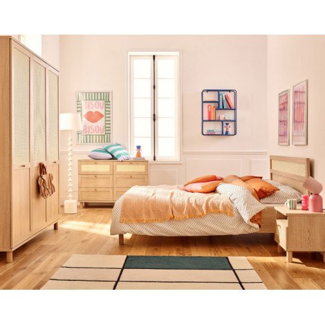 Sliven - chambre complète bois et cannage - lit 160x200, table de chevet, commode et armoire|Lit Adulte|BestMobilier