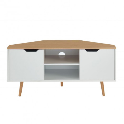 Meuble tv d'angle LYNA blanc et effet chêne 2 portes 115cm|Meuble TV|Baita Home