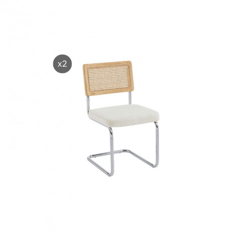 Lot de 2 chaises ELLA cannage et tissu bouclette écru pieds métal chromé|Chaise|Baita Home