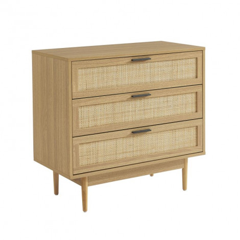 Commode AMANA effet chêne et cannage rotin 3 tiroirs 80cm|Commode|Baita Home