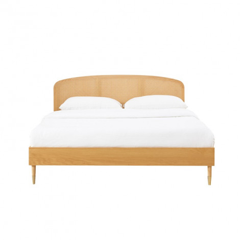 Lit double LEON placage chêne et cannage rotin 160x200 sommier inclus|Lit Adulte|Baita Home