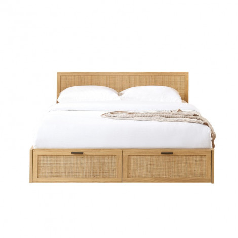 Lit à tiroirs AMANA cannage rotin 140x190 sommier inclus|Lit Adulte|Baita Home