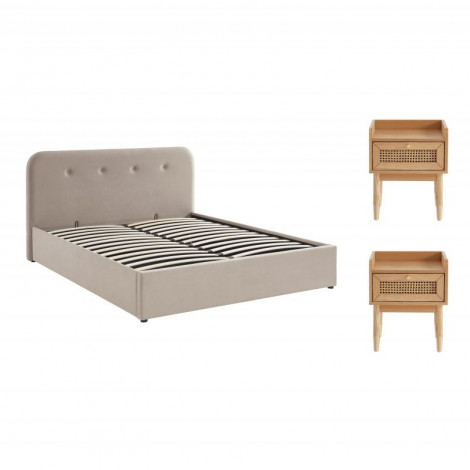 Ensemble chambre KNUT velours beige sable 2 chevets placage bois cannage|Lit Adulte|Baita Home