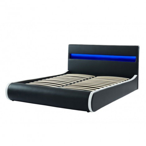 Lit coffre LUMINA avec LED simili noir 140x190 sommier inclus|Lit Adulte|Baita Home