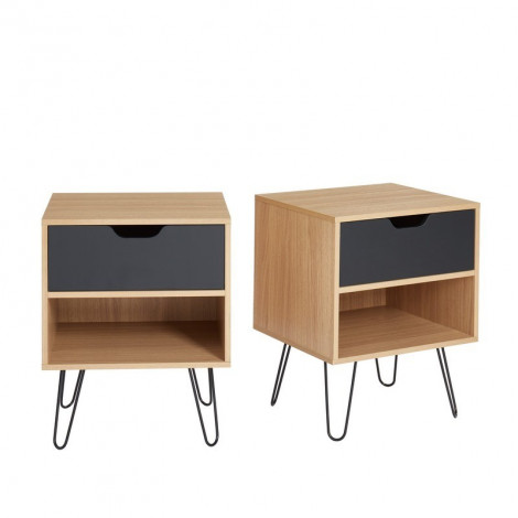 Lot de 2 tables de chevet DUO noir et effet chêne 1 tiroir 40cm|Chevet|Baita Home