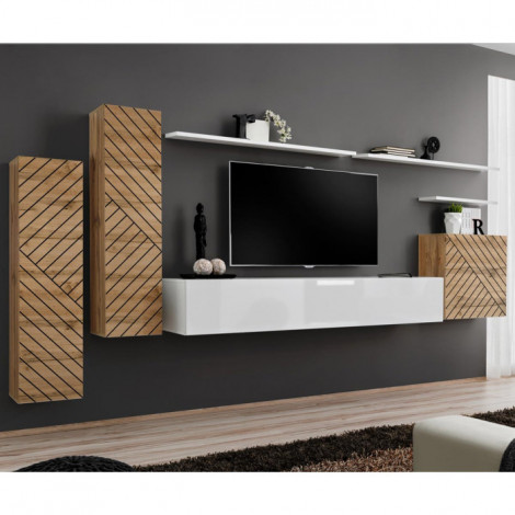 Ensemble Meuble TV "Switch Lamel I" 330cm Blanc & Naturel|Meuble TV|Paris Prix
