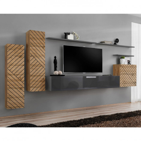 Ensemble Meuble TV "Switch Lamel I" 330cm Gris & Naturel|Meuble TV|Paris Prix