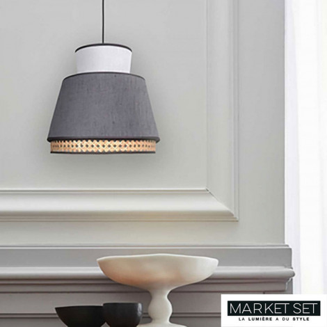 Suspension Singapour M 3 abat-jour cannage et lin lavé anthracite et blanc|Suspensions|Lampe Avenue