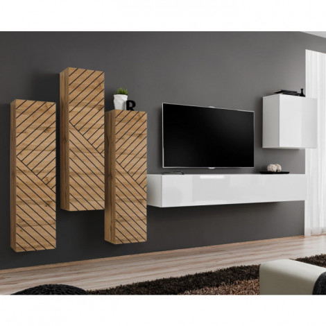 Ensemble Meuble TV "Switch Lamel III" 330cm Blanc & Naturel|Meuble TV|Paris Prix