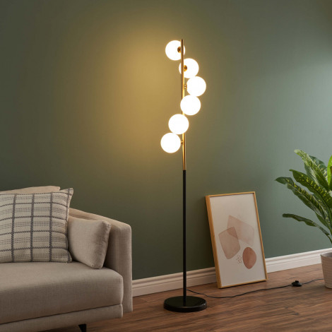 Lampadaire design noir et laiton sphères blanches - Sierra|Lampadaire|Kosilum