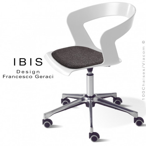 Chaise de bureau IBIS, assise pivotante avec élévation, coque couleur avec coussin, piétement aluminium avec roulettes.|Chaise|100chaises