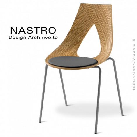 Chaise design NASTRO, assise multiplis de bois finition placage Zébrano avec coussin, piétement acier peint ou chromé brillant.|Chaise|100chaises