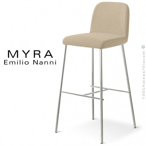 Tabouret de bar design MYRA, assise et dossier garnis de mousse, habillage tissu couleur, piétement peint ou chromé brillant.|Tabouret|100chaises