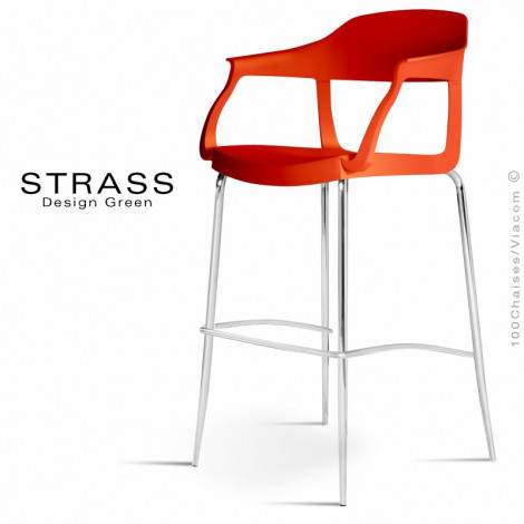 Tabouret de bar confort STRASS, assise coque plastique couleur avec accoudoirs, piétement acier chromé - Lot de 4 pièces.|Tabouret|100chaises
