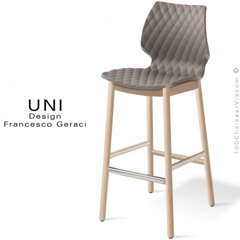 Tabouret de bar design UNI, assise coque plastique effet matelassé couleur, piétement bois de hêtre teinté de section ronde.|Tabouret|100chaises