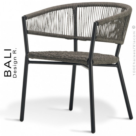 Fauteuil confort repas pour extérieur BALI, structure aluminium peint, assise et dossier corde tressée marine.|Fauteuil / Chauffeuse|100chaises