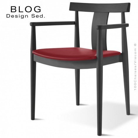 Fauteuil bois BLOG, structure bois de hêtre massif, finition vernis ou peinture, assise garnie cuir couleur.|Fauteuil / Chauffeuse|100chaises