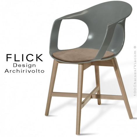Fauteuil design FLICK, assise coque plastique couleur avec coussin, piétement bois de hêtre massif vernis.|Fauteuil / Chauffeuse|100chaises