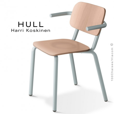 Fauteuil design HULL, structure acier peint, assise dossier multiplis de bois hêtre vernis, pour école, cantine, collectivités.|Fauteuil / Chauffeuse|100chaises