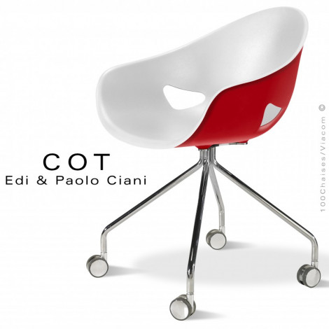 Fauteuil design COT, assise coque plastique couleur deux tons, piétement 4 branches acier peint ou chromé avec roulettes.|Fauteuil / Chauffeuse|100chaises