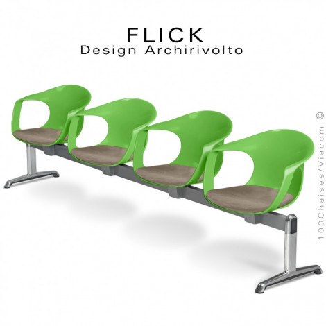 Banc ou assise sur poutre design FLICK, piétement aluminium brillant, assise 4 places coque plastique couleur avec coussin.|Banquettes / Bancs / Poufs|100chaises