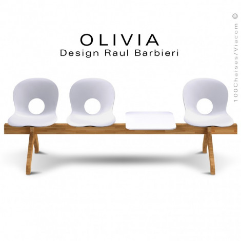 Banc design OLIVIA, piétement bois, assise 3 places coque plastique couleur avec tablette.|Banquettes / Bancs / Poufs|100chaises Banc design OLIVIA, piétement bois, assise 3 places coque plastique couleur avec tablette.|Banquettes / Bancs / Poufs|100chaises