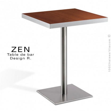 Table pour la restauration et l'hôtellerie ZEN, piètement colonne centrale inox brossé, plateau carré stratifié aspect bois.|Table|100chaises