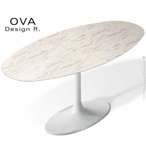 Table ovale pour salle à manger ou réunion OVA, piétement colonne centrale tulipe peint, plateau stratifié HPL, bois ou minéral.|Table|100chaises