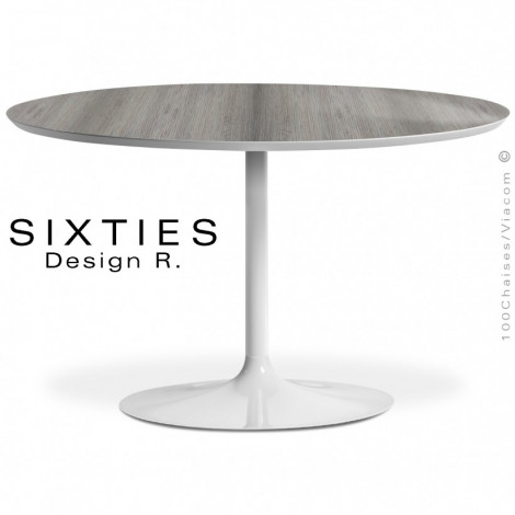 Table ronde design SIXTIES, piétement colonne centrale type trompette acier peint, plateau stratifié HPL aspect bois.|Table|100chaises