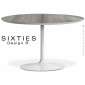 Table ronde design SIXTIES, piétement colonne centrale type trompette acier peint, plateau stratifié HPL aspect bois.|Table|100chaises