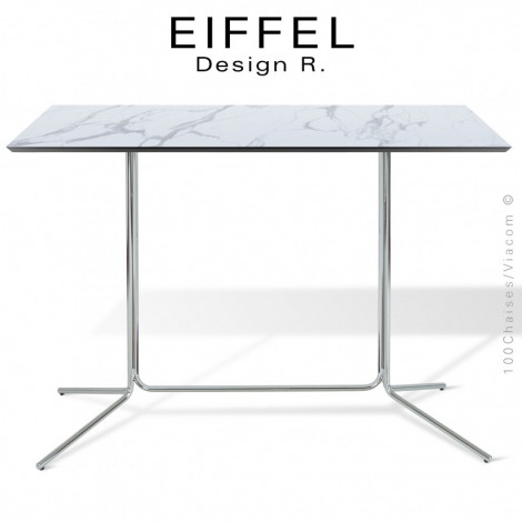 Table rectangulaire pour café, bistrot EIFFEL piétement 4 branches acier peint ou chromé, plateau Compact aspect bois et pierre.|Table|100chaises