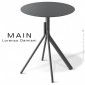 Table CHR originale MAIN, pour collectivité, piétement 4 branches acier peint, plateau rond compact couleur pour extérieur.|Table|100chaises