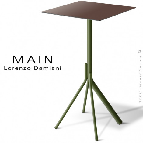 Table haute ou mange debout design MAIN, piétement 4 branches acier peint, plateau carré compact couleur pour extérieur.|Table|100chaises