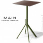 Table haute ou mange debout design MAIN, piétement 4 branches acier peint, plateau carré compact couleur pour extérieur.|Table|100chaises