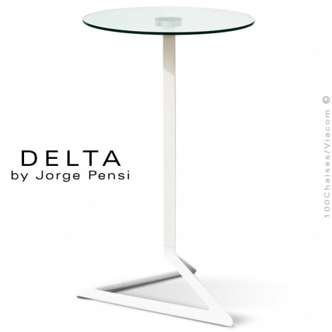 Table mange debout design DELTA, piétement fantaisie aluminium peint, plateau verre rond ou carré transparent securit.|Table|100chaises