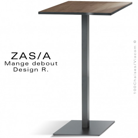 Table haute ou mange debout ZAS, piétement colonne centrale acier peint, plateau stratifié aspect bois chant PVC noir.|Table|100chaises