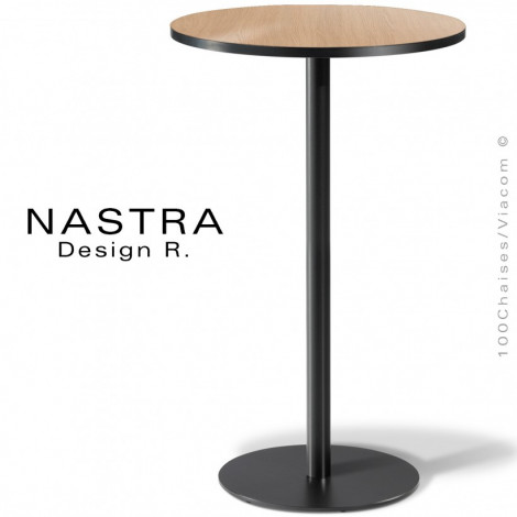 Table mange debout ronde NASTRA, piétement colonne centrale acier peint, plateau stratifié aspect bois, chant PVC noir.|Table|100chaises