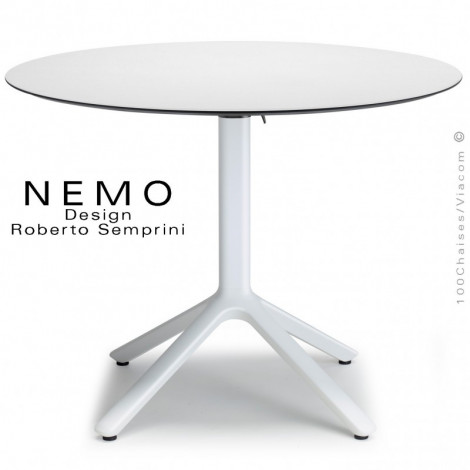 Table repas design NEMO MAXI, pour CHR., piétement encastrable aluminium peint, plateau rabattable rond compact couleur.|Table|100chaises