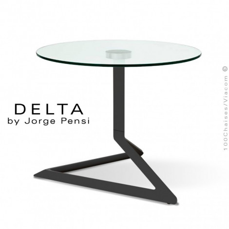 Table basse design DELTA, piétement fantaisie aluminium peint, plateau verre rond transparent securit.|Table|100chaises