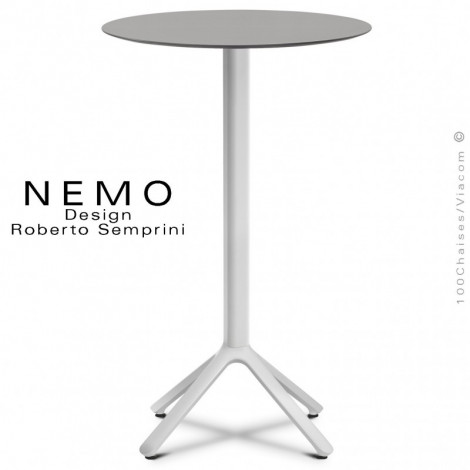 Table mange debout design NEMO, pour CHR. et la maison, piétement aluminium peint, plateau fixe rond compact couleur.|Table|100chaises
