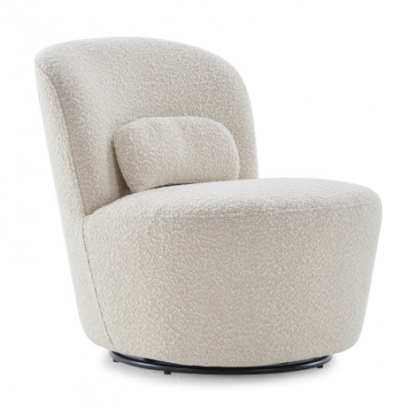Fauteuil rond pivotant en tissu bouclette écru et un coussin - DAMIEN|Fauteuil / Chauffeuse|Meuble et moi