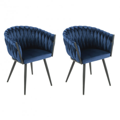 Lot de 2 fauteuil en velours tressé bleu foncé pieds métal noir - BOWI|Chaise|Meuble et moi