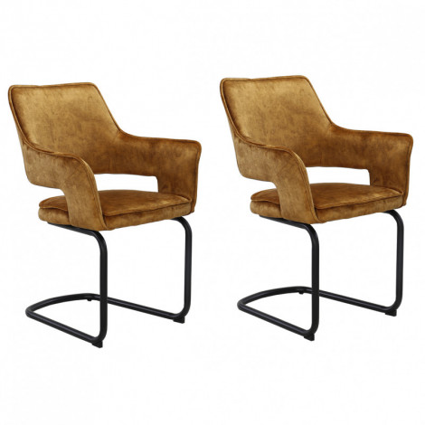 Lot 2 chaises tissu jaune velours piétement luge métal noir - RIO|Chaise|Meuble et moi