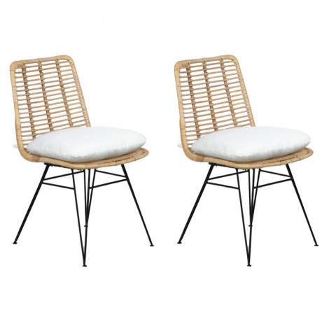 Lot de 2 chaises en rotin naturel avec coussins et pieds métal - KANDY|Chaise|Meuble et moi