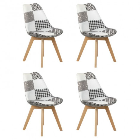 Lot 4 chaises scandinave en tissu patchwork motif noir et blanc - LIDY|Chaise|Meuble et moi
